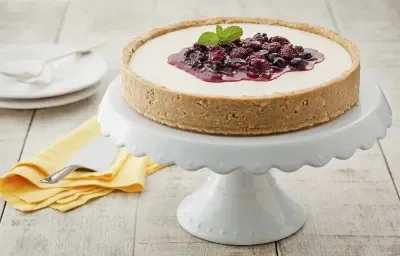 fotografia em tons de branco, bege e roxo de uma bancada cinza vista de frente, contém um suporte para servir sobremesas branco com a torta com calda de frutas vermelhas por cima, ao lado um pano laranja com uma espátula e 2 pratos ao fundo branco.