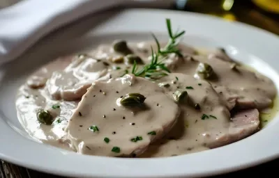 La fotografía muestra rodajas de carne de lagarto cubiertas con salsa blanca y alcaparras. La fotografía muestra rodajas de carne de lagarto cubiertas con salsa blanca y alcaparras.