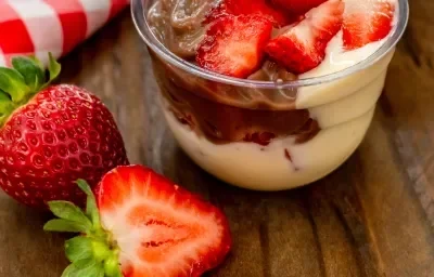 Fotografía de un frasco transparente que muestra capas de pastel de cacao, salsa de proteína cremosa con fresas.