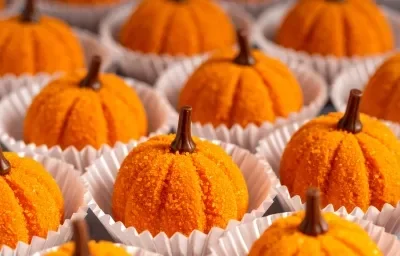 Fotografía en tonos naranjas con varios brigadeiros con forma de calabaza en el centro. Los brigadeiros se elaboran con calabaza cocida, rebozada en azúcar y terminada con un clavo de olor para imitar la forma de una calabaza.
