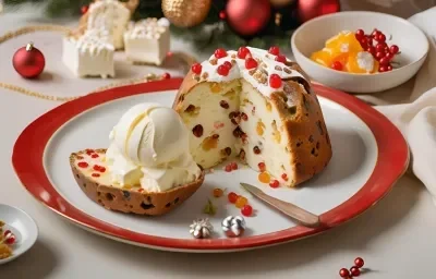 Receta de Panettone Encantado con Helado Helado, servido en rebanadas, cubierto con helado de vainilla, decorado con crema batida, frutos secos y espolvoreado con azúcar, todo en una mesa navideña.