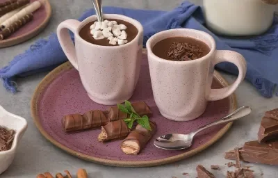 Foto de duas canecas em tom rosa claro, contendo a receita de Chocolate Quente, sobre um prato em tom violeta, com um tecido em tom azul atrás, uma jarra com leite e pedaços de chocolate e canelas em pau sobre a mesa Foto de duas canecas em tom rosa claro, contendo a receita de Chocolate Quente, sobre um prato em tom violeta, com um tecido em tom azul atrás, uma jarra com leite e pedaços de chocolate e canelas em pau sobre a mesa