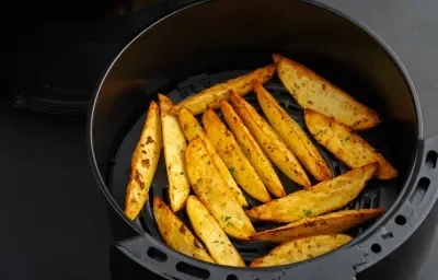 Fotografía de patatas asadas y sazonadas, cortadas en medias lunas, dentro de la cesta de una freidora de aire negra sobre una mesa oscura.